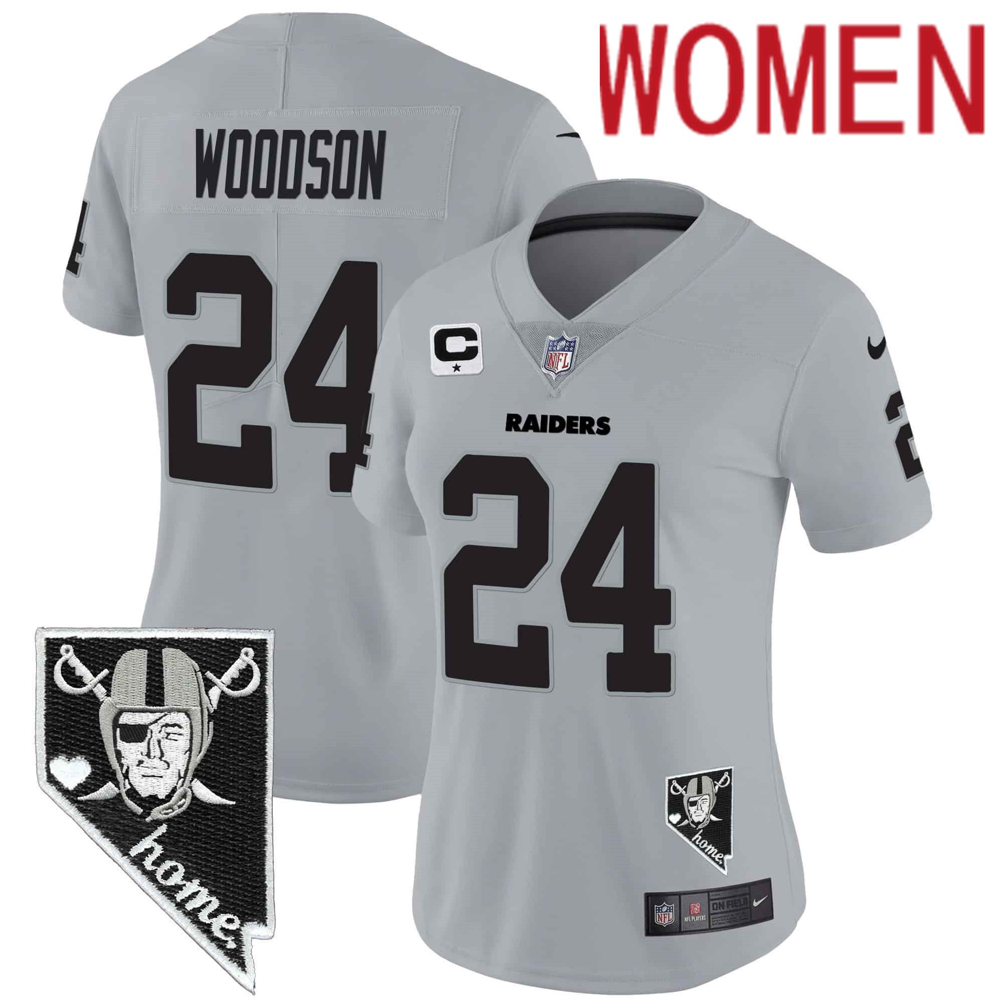 Women Oakland Raiders #24 Woodson Grey 2024 Nike Nevada Home Patch Vapor NFL Jersey->women nfl jersey->Women Jersey